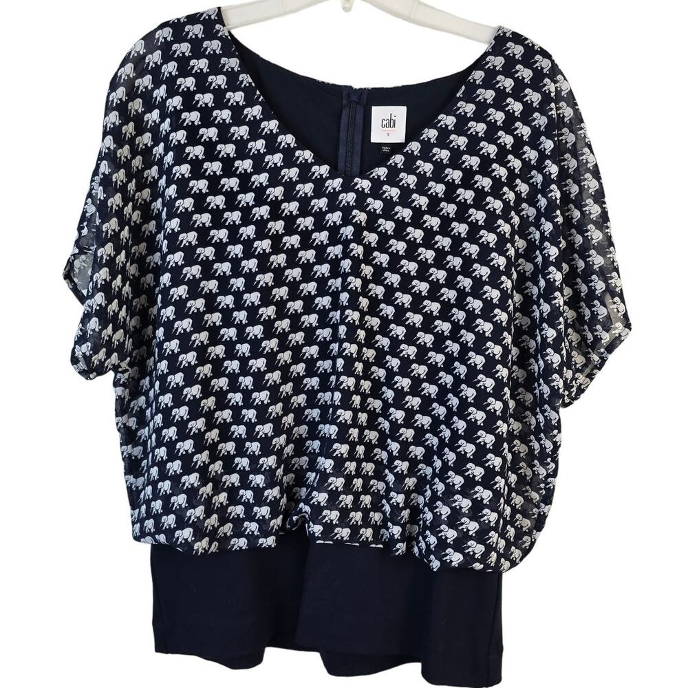 Cabi Elephant Parade Blouse Women's S Navy White Lined Semi Sheer Career Chic